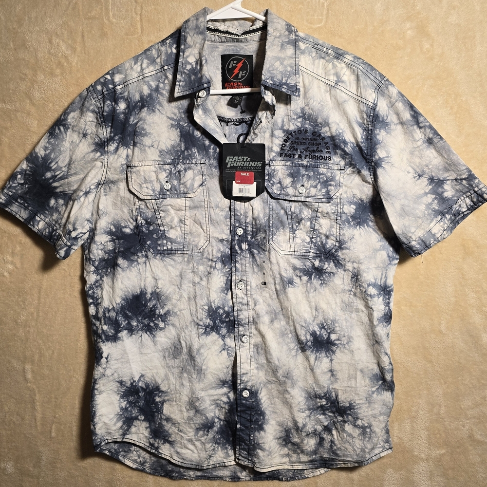 Men’s Medium Tie Dye Button Shirt Torretto’s Garage Hi-Octane Speed Shop NWT 548